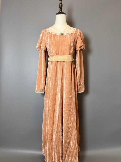 Pink Regency Era Dress with Satin Belt - Long Sleeves Velvet Dress with Lace - Regency Dress Plus Size
